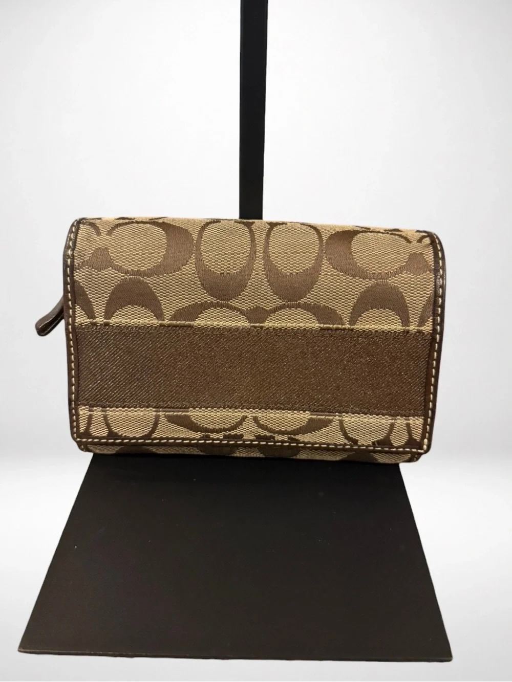 COACH Poppy Legacy Stripe Signature Bifold Wallet Khaki Brown Jacquard